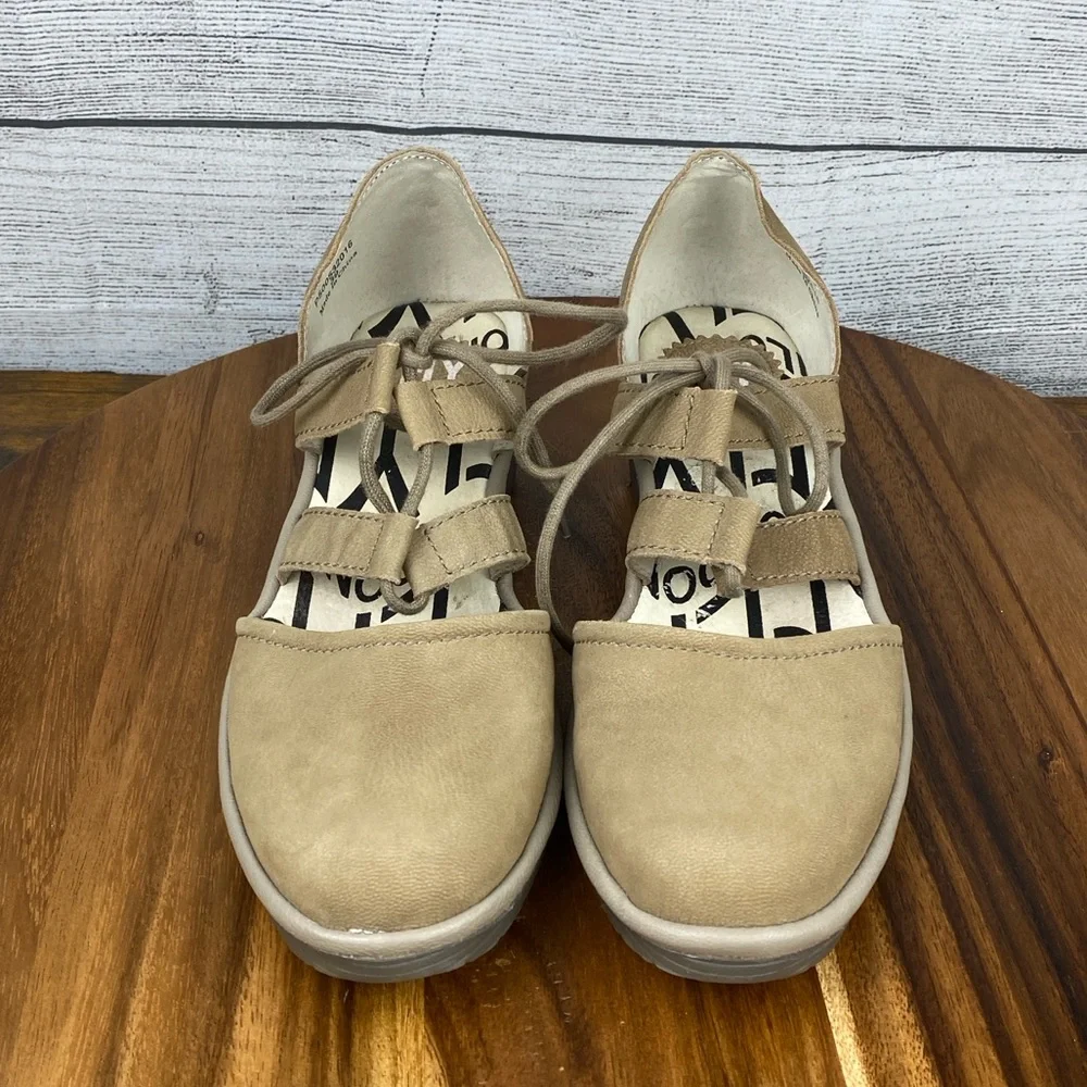 Fly London Poma Tan Nubuck Leather Lace Up Wedges Women’s Shoe Size 8.5 EU 39